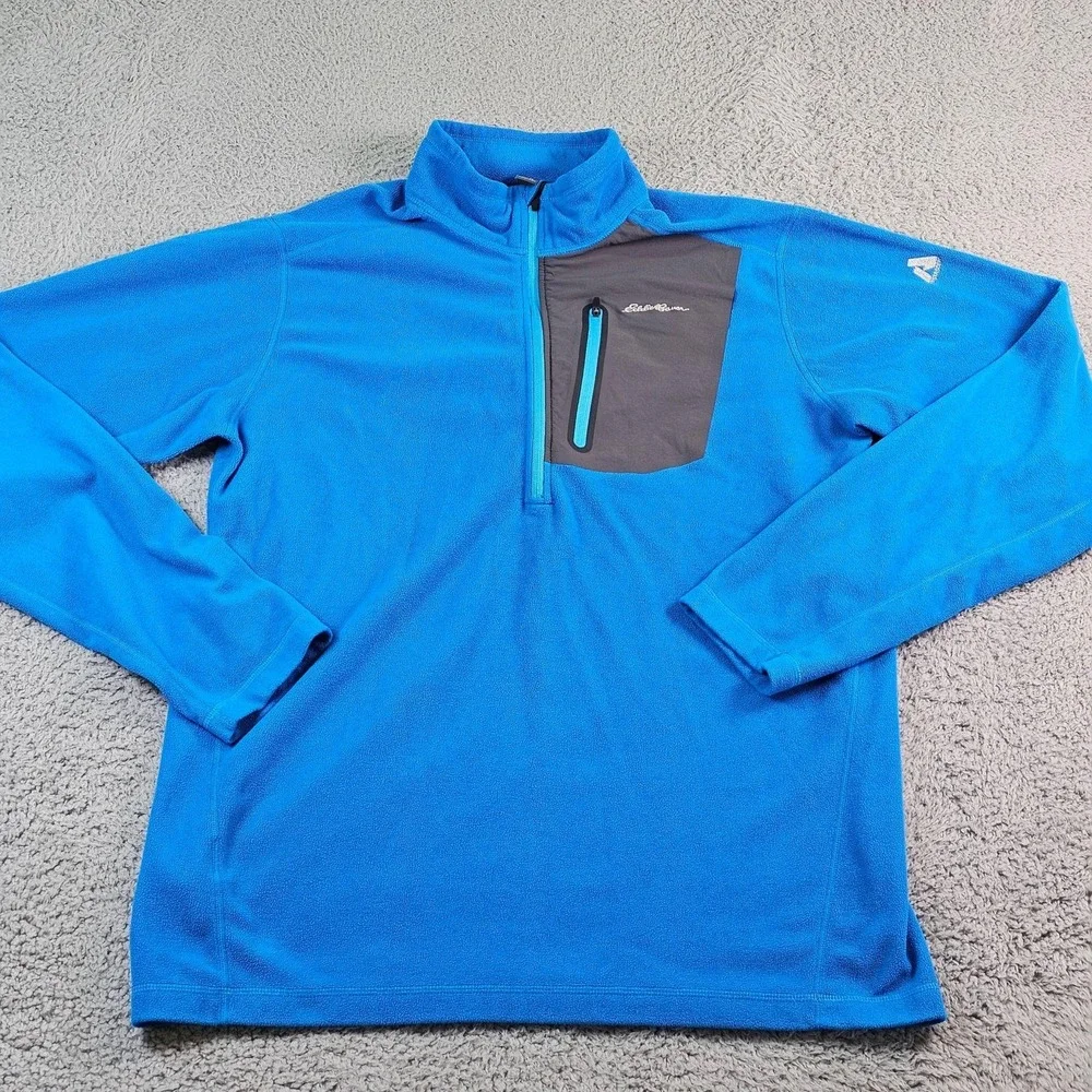 Eddie Bauer First Ascent Pullover Mens LT Blue Fleece 1/4 Zip Pocket Hiking